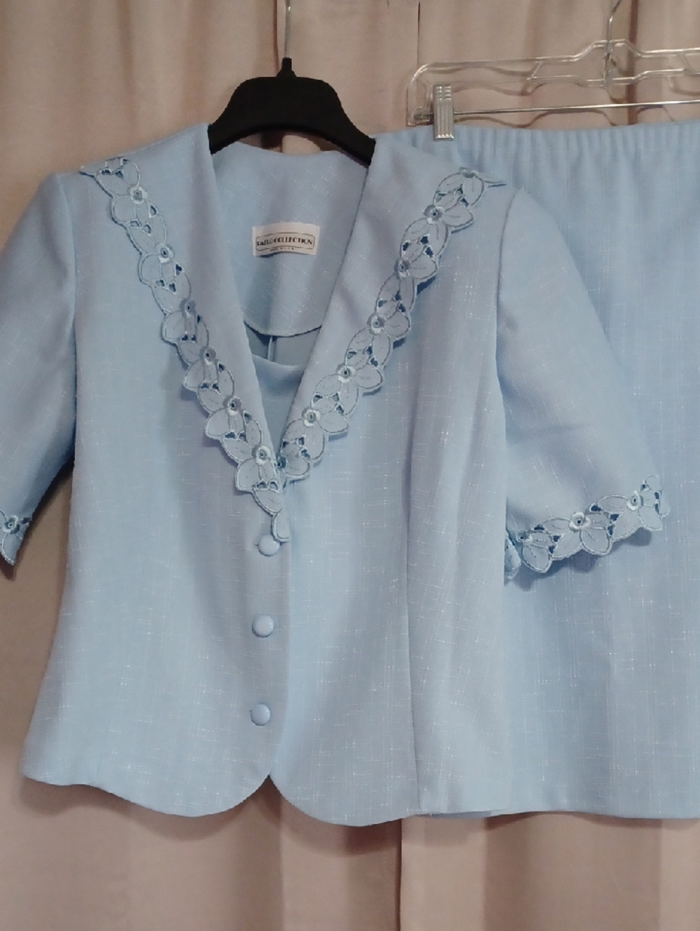 Pablo Collection Light Blue Skirt Set Floral Cutouts Subtle Check Pattern Petite